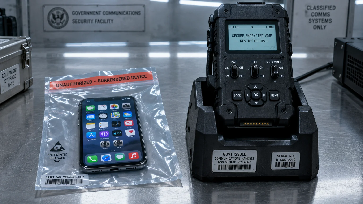A smartphone sealed in an evidence bag labeled surrendered device sits next to a rugged secure government handset on a desk.