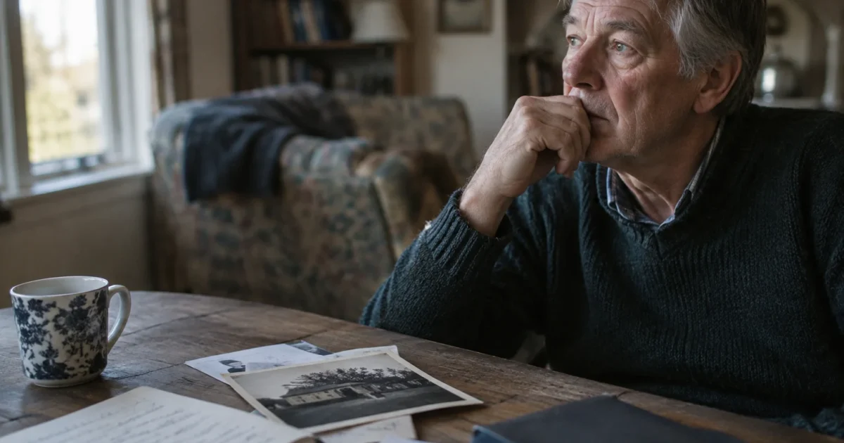 An older man in a dark sweater rests his chin on his hand at a wooden table with old photos and a mug.