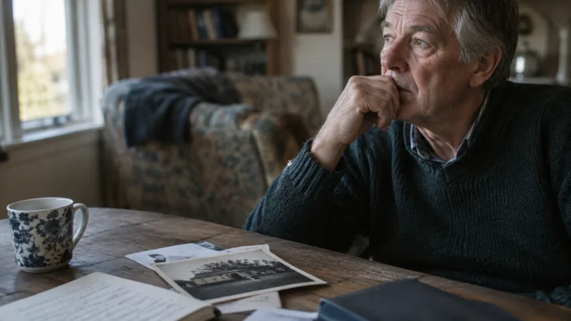 An older man in a dark sweater rests his chin on his hand at a wooden table with old photos and a mug.