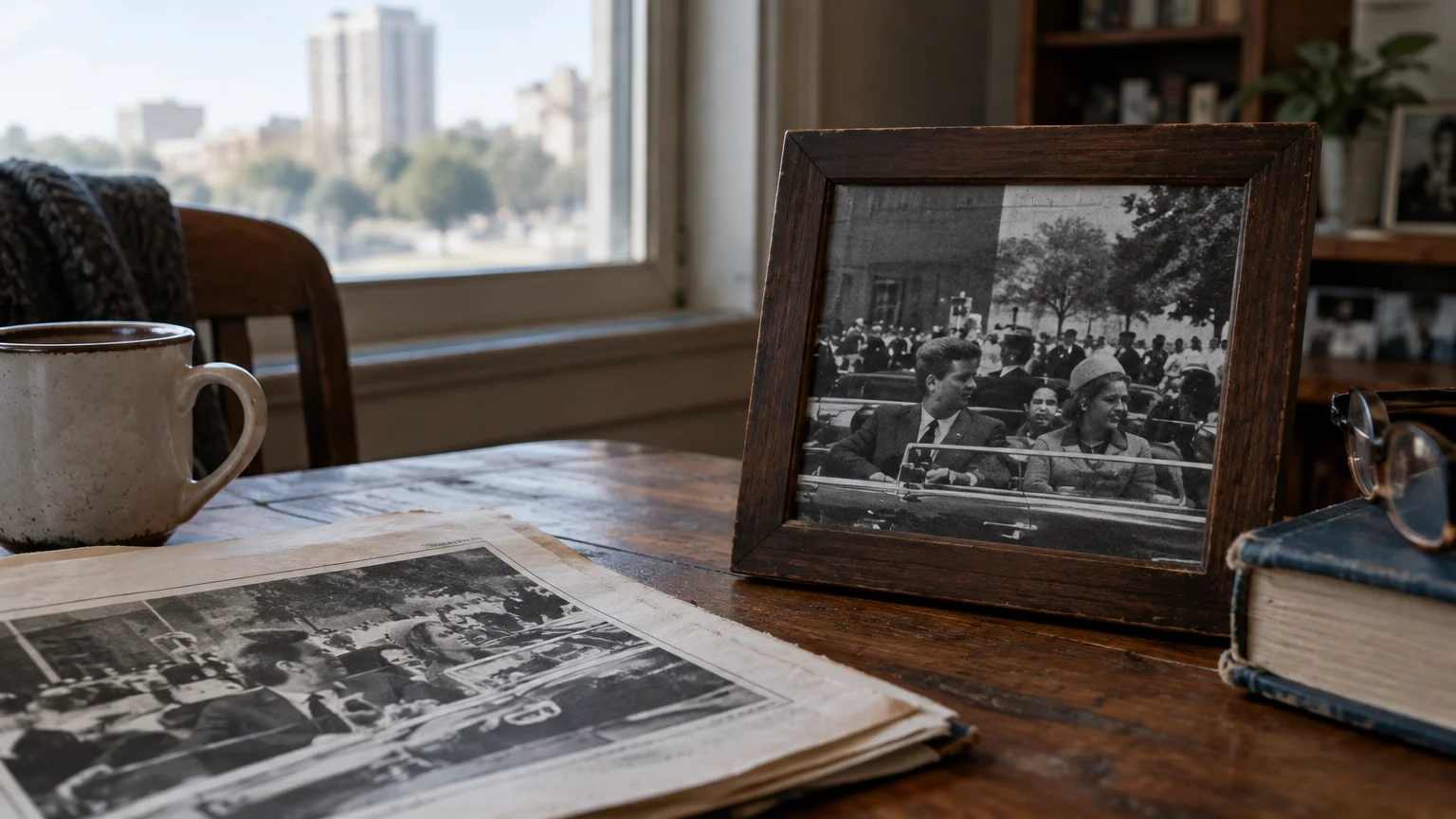 Framed black-and-white photograph of John and Jacqueline Kennedy in an open-top limousine beside a matching newspaper clipping.