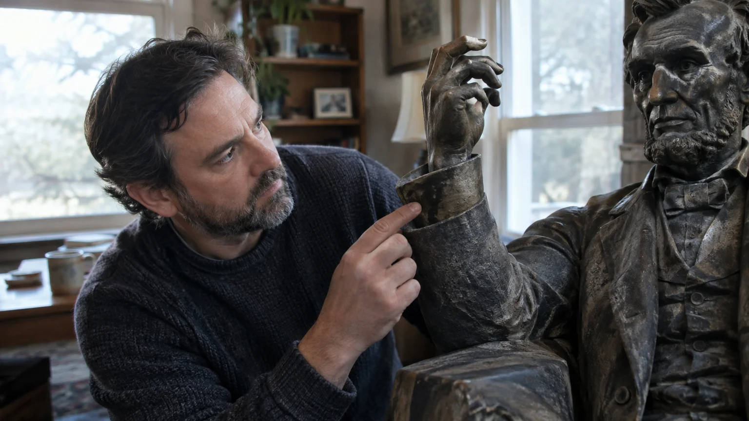 A man points toward the bronze sleeve cuff and sculpted hand of a seated statue of Abraham Lincoln.