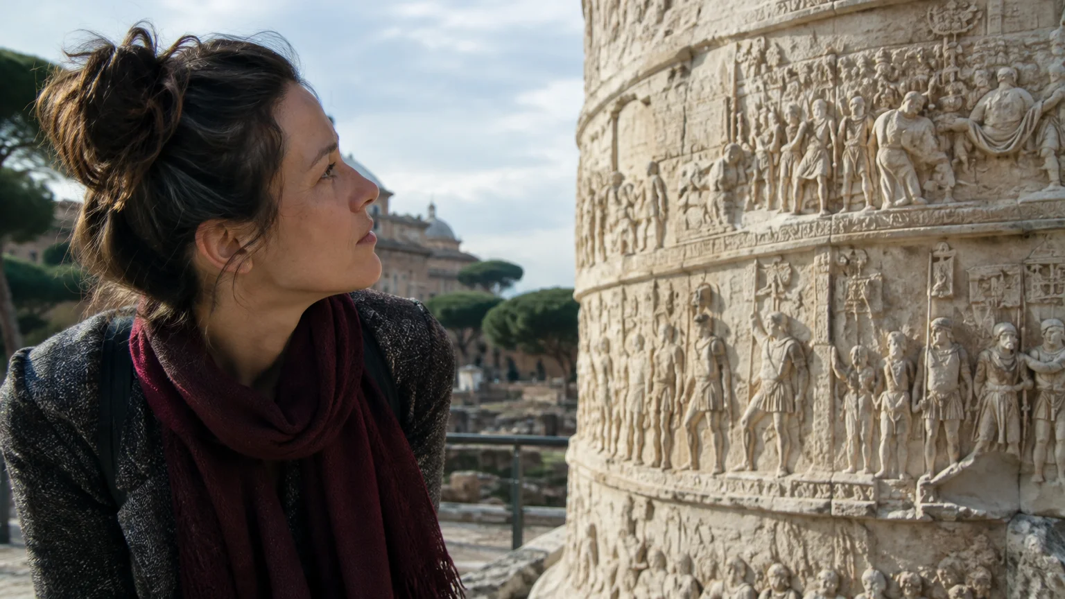 A woman looks closely at intricate carved relief figures spiraling up the base of an ancient stone column in Rome.