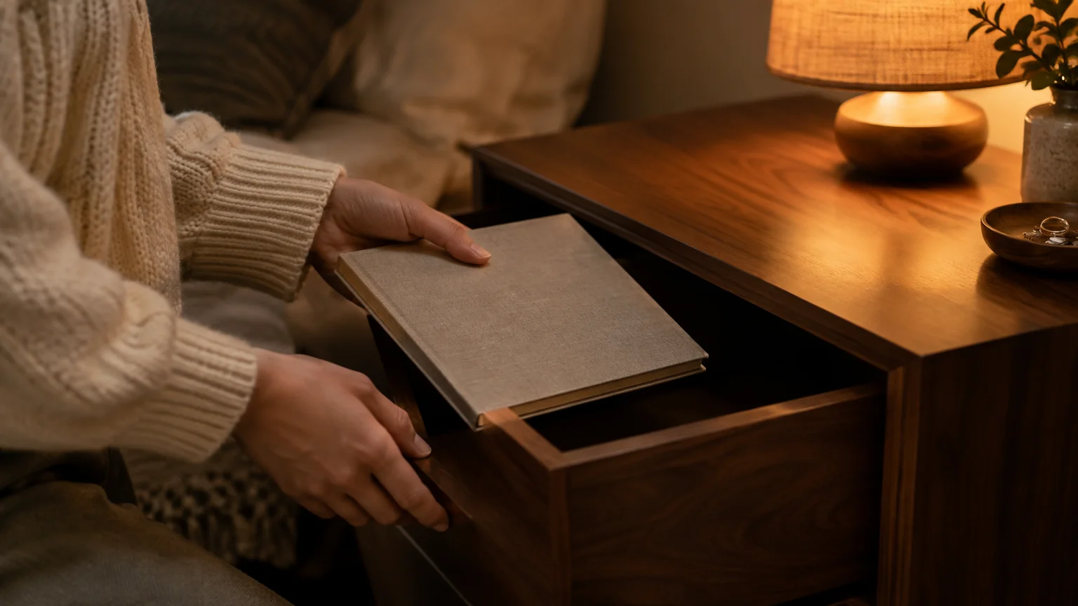 Hands placing a hardcover book into a wooden nightstand drawer beside a glowing lamp.