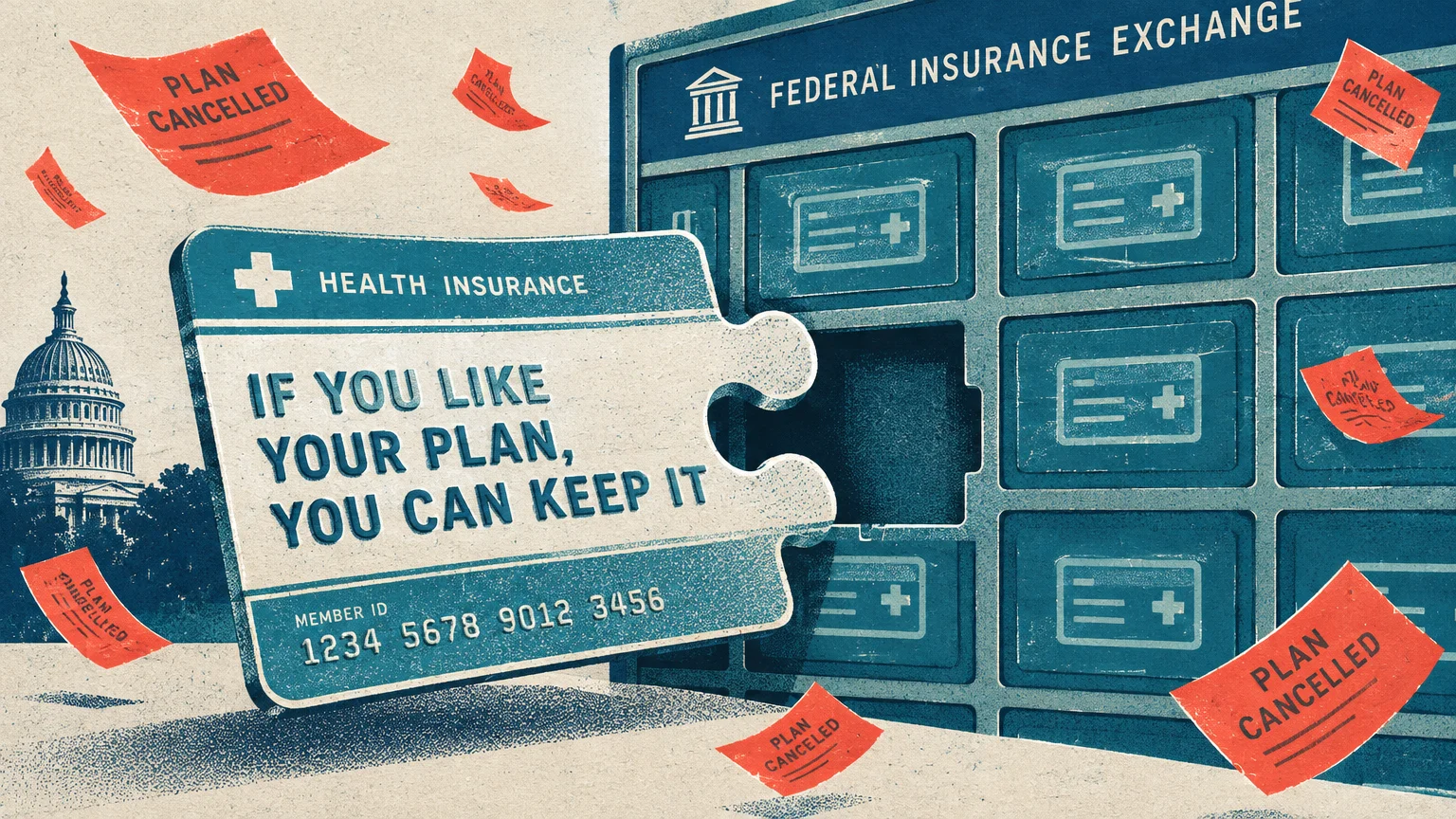 A healthcare card puzzle piece detached from an insurance exchange grid, surrounded by red plan cancelled notices.