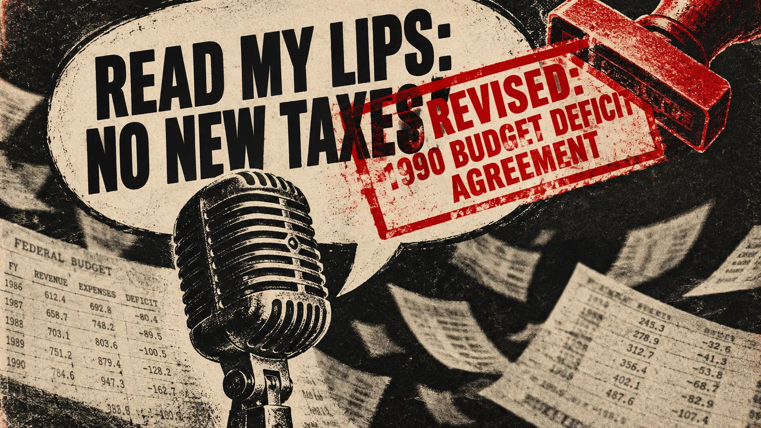 Illustration of a vintage microphone, budget documents, and a speech bubble stamped REVISED: 1990 BUDGET DEFICIT AGREEMENT.