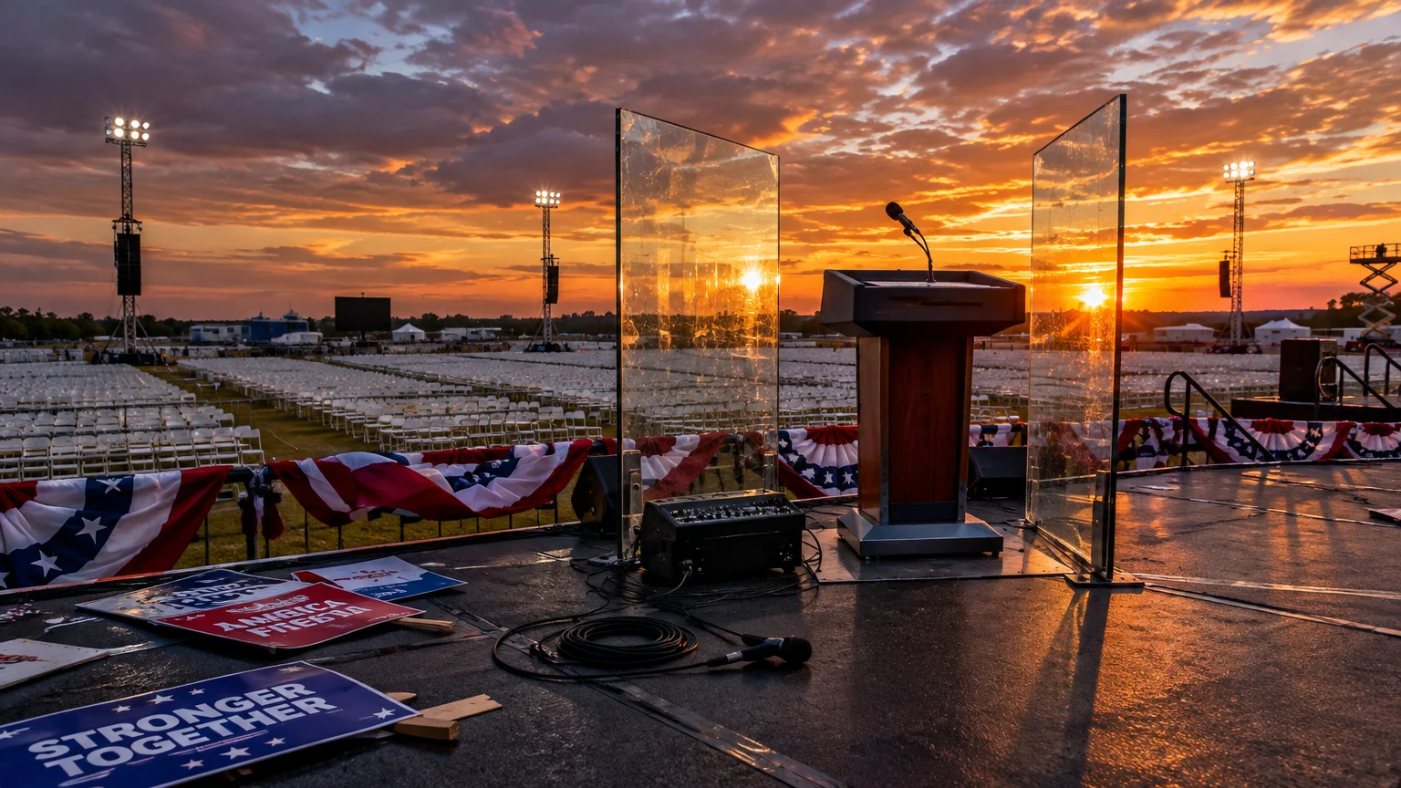 Empty stage podium flanked by transparent protective glass panels overlooking rows of white chairs at sunset.