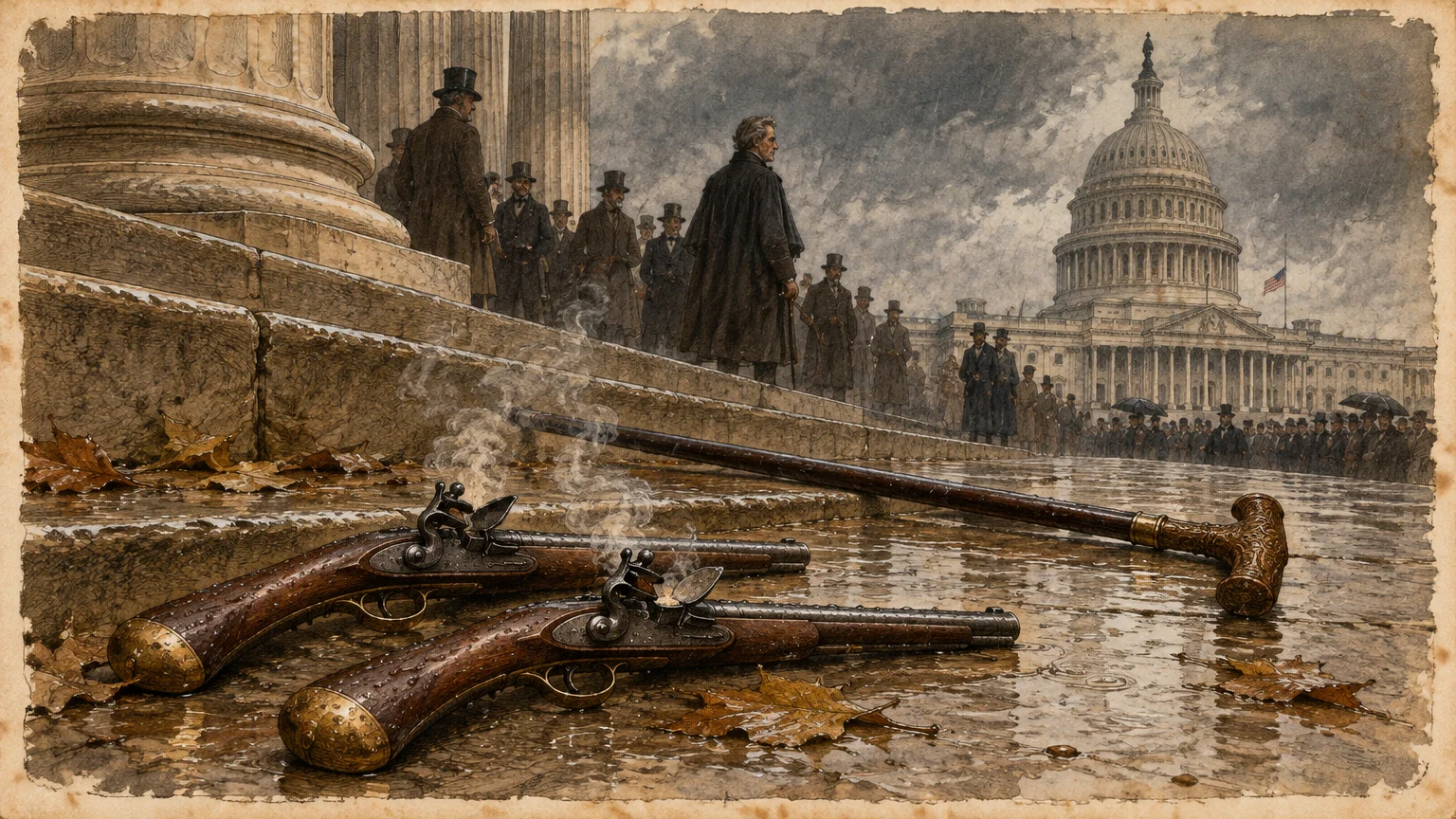 Illustration of two smoking flintlock pistols and a cane discarded on wet stone steps before the U.S. Capitol dome.