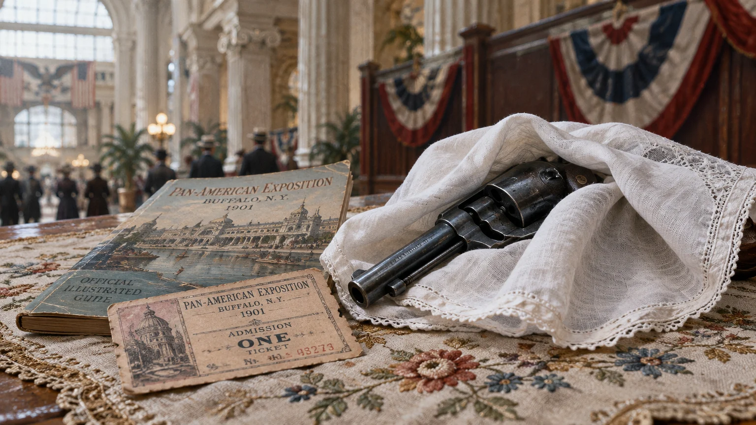 A revolver wrapped in a white handkerchief sits on an embroidered cloth beside an exposition guidebook and ticket.