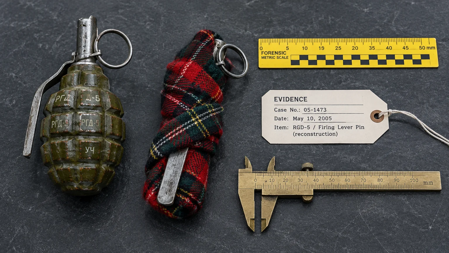 A fragmentation grenade, another grenade wrapped in red plaid cloth, evidence tag, forensic ruler, and caliper on slate.