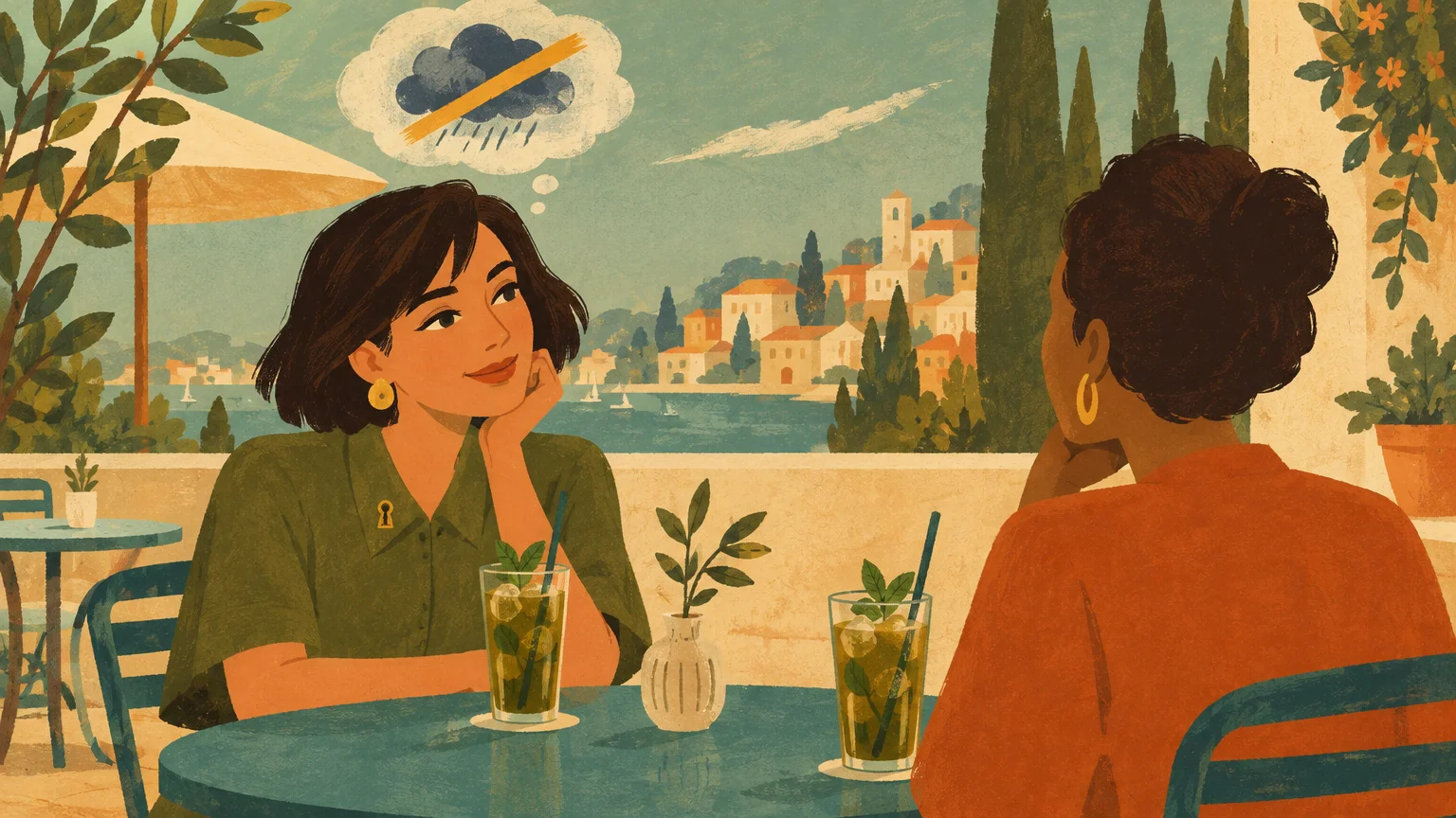 Illustration of two women seated at an outdoor cafe overlooking a coastal town, one imagining a storm cloud.