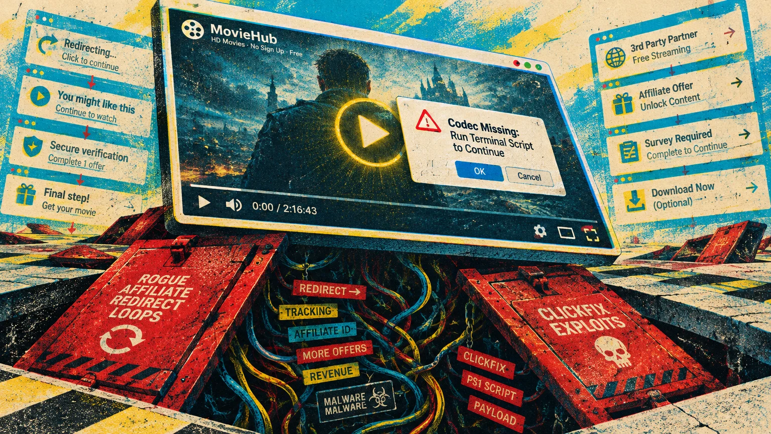 Illustration of a fake video player showing pop-up warnings and redirect loops over an underground pit of malware cables.