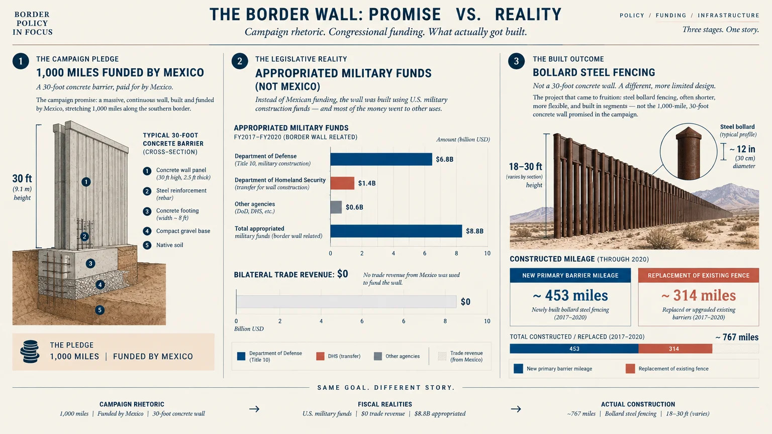 Infographic comparing border wall campaign promises, appropriated military funding charts, and bollard steel fencing diagrams.