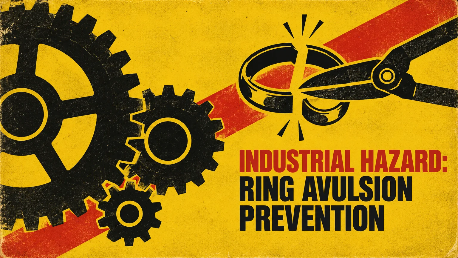 Illustration of industrial gears alongside shears cutting a ring, with the text "Industrial Hazard: Ring Avulsion Prevention.