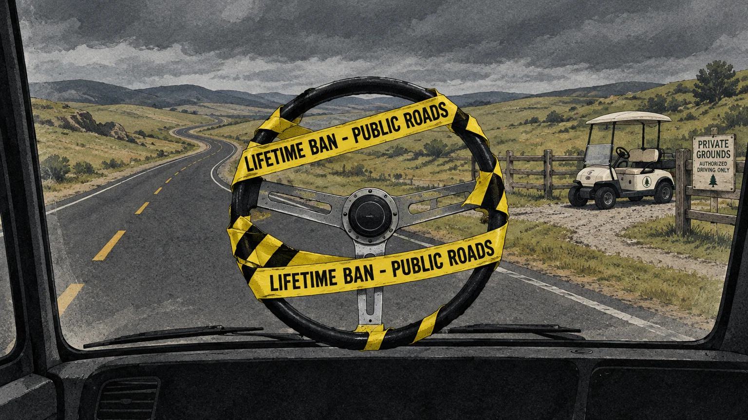 Steering wheel wrapped in caution tape overlooking an empty highway and a golf cart parked by a private grounds sign.