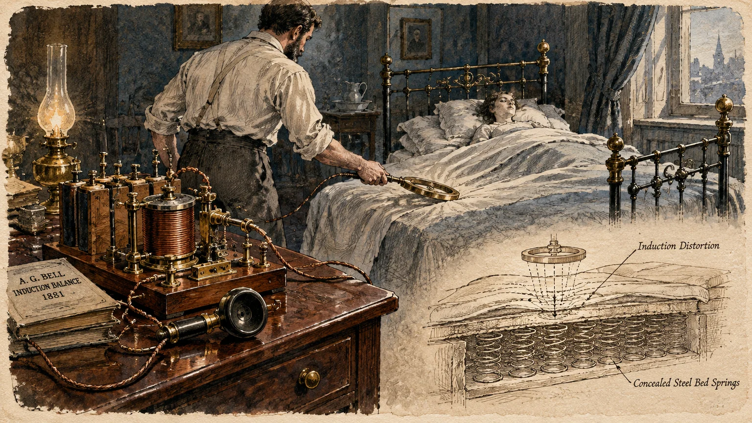 A man tests an induction balance metal detector over a patient in bed, beside a diagram of concealed steel bed springs.