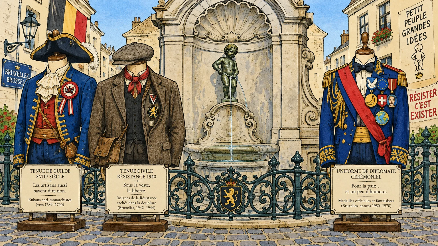 Illustration of Brussels' Manneken Pis fountain flanked by three mannequins displaying historical resistance uniforms.