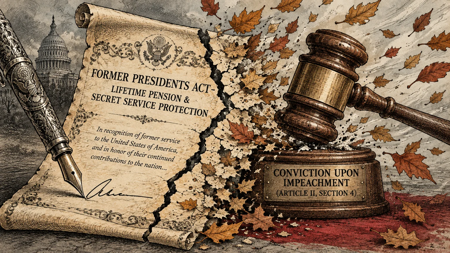 Illustration of a wooden gavel striking a plaque beside a torn parchment paper detailing the Former Presidents Act.