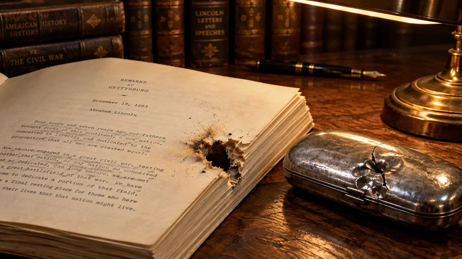 A book with a bullet hole through its pages beside a dented metal case on a wooden desk.