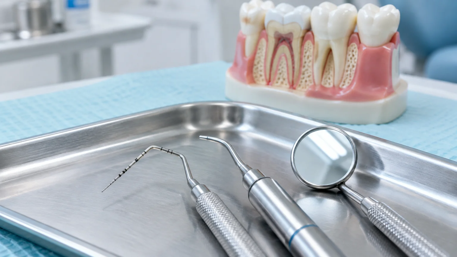 Dental instruments on a metal tray beside an anatomical cross-section model of teeth and gums.