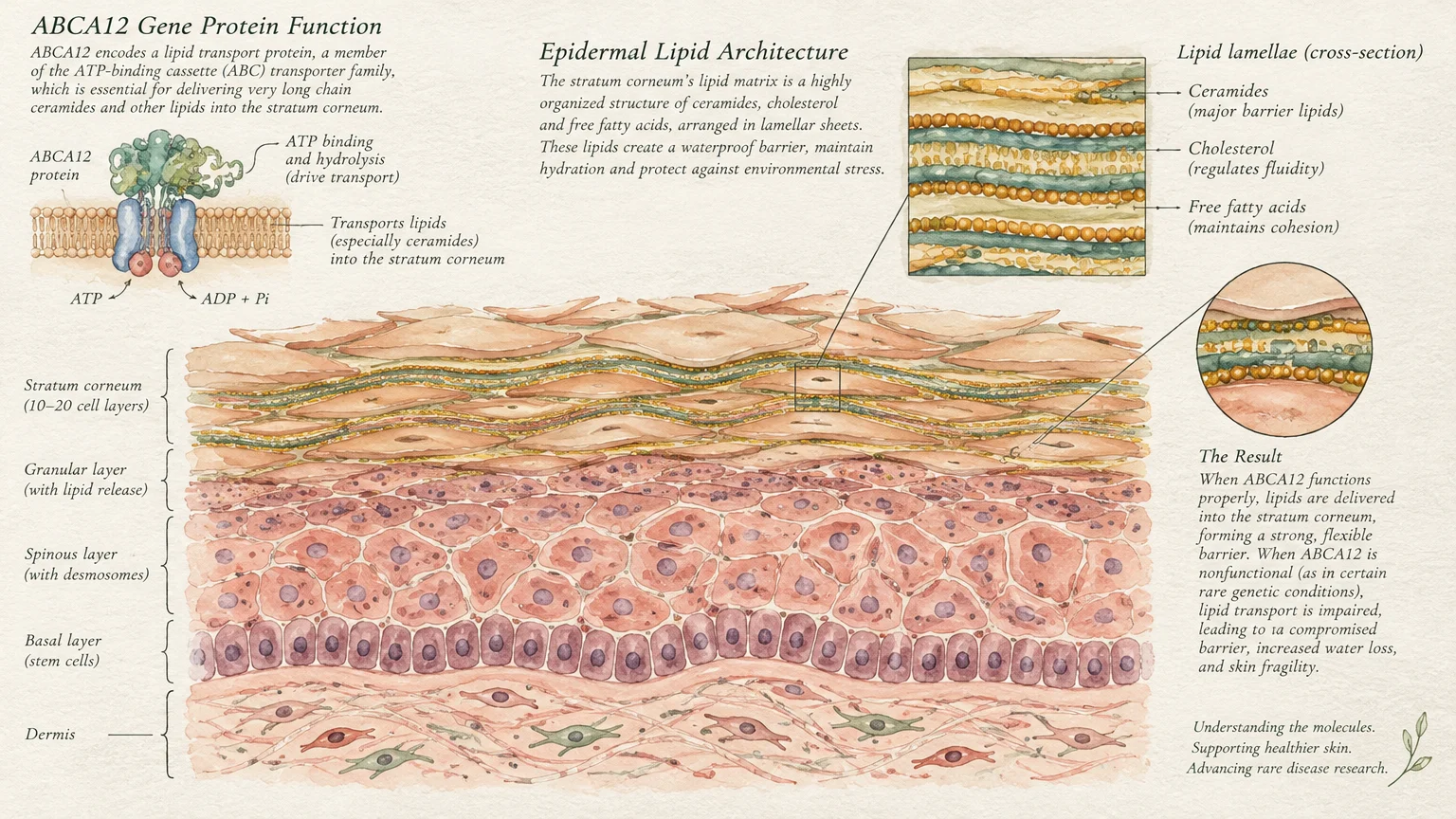 Illustrated diagram of epidermal skin layers, ABCA12 protein function, and cross-section of lipid lamellae.