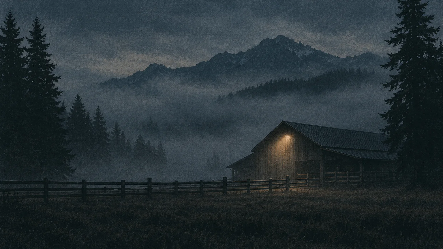Illustration of a wooden barn lit by a single exterior light in a foggy field with pine trees and dark mountains.