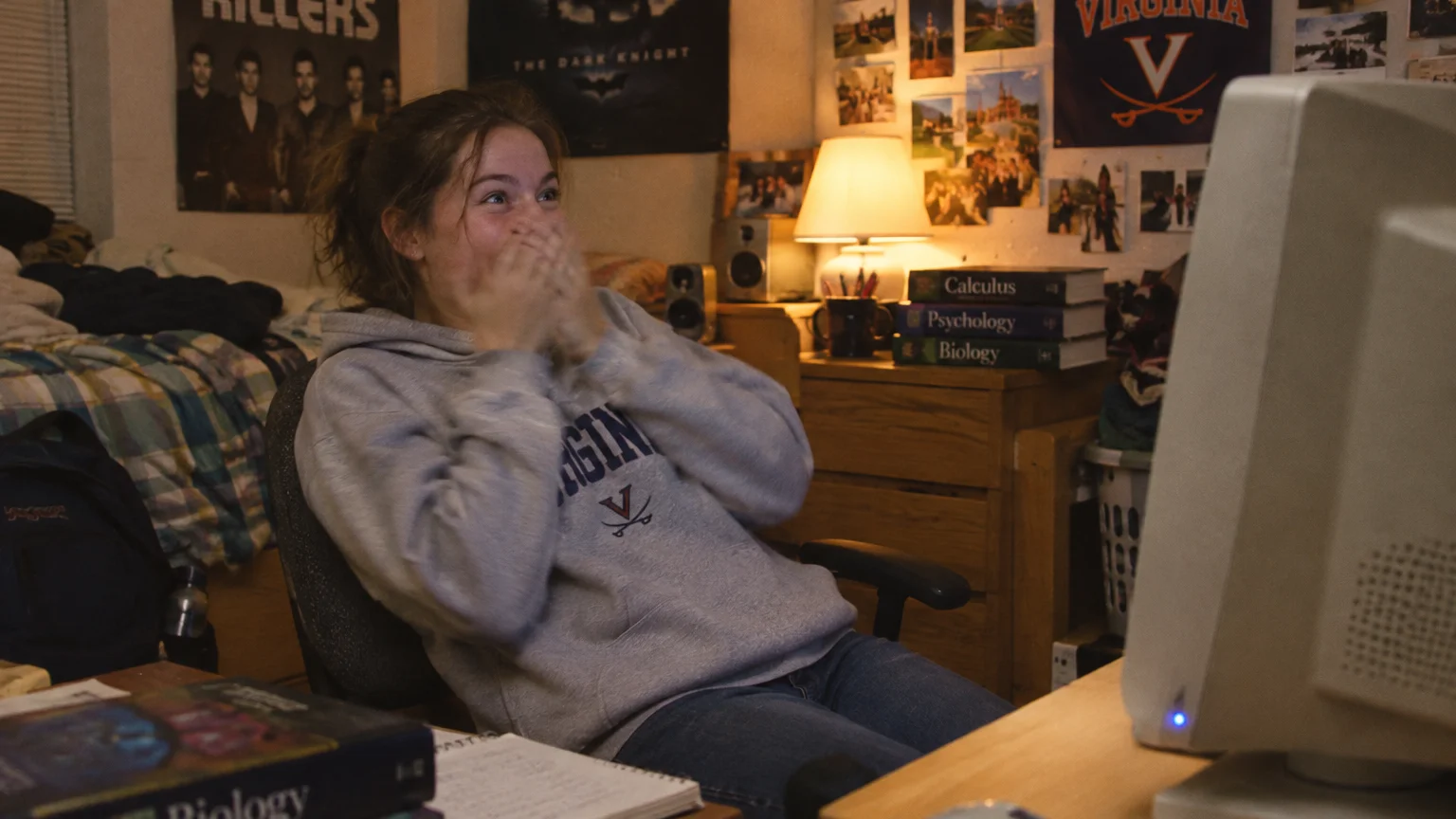 A young woman in a dorm room covers her mouth in shock while looking at an old CRT computer monitor.