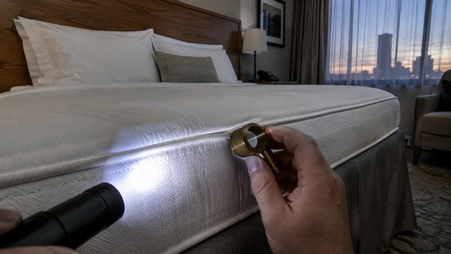 Person using a flashlight and small brass loupe to inspect the seam of a white hotel mattress.