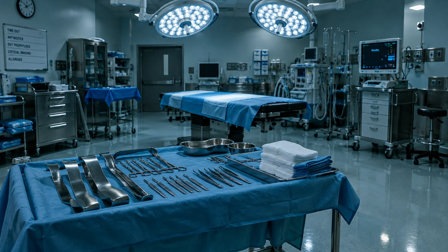 Empty operating room with surgical instruments laid out on a blue table in the foreground under bright overhead lamps.
