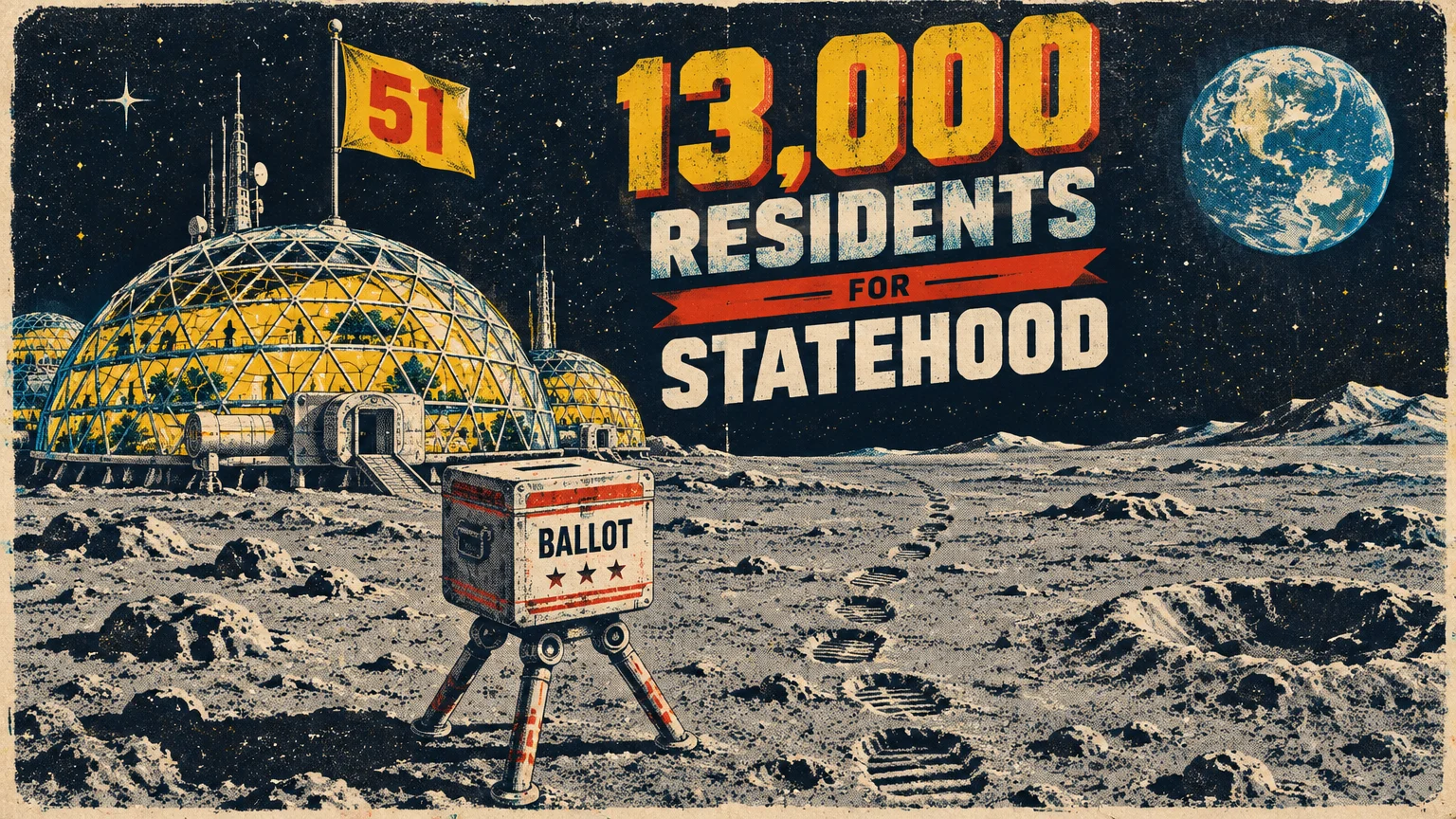 Retro illustration of lunar domes, a ballot box, and a flag numbered 51, beside bold text reading 13,000 Residents for Statehood.