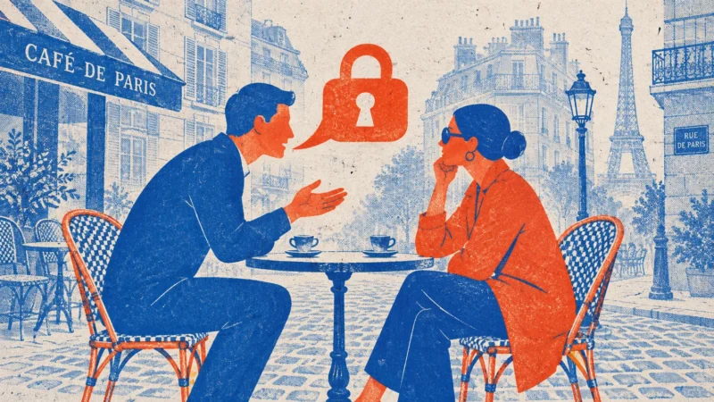 Man and woman seated at a Parisian cafe terrace with an orange speech bubble shaped like a padlock between them.