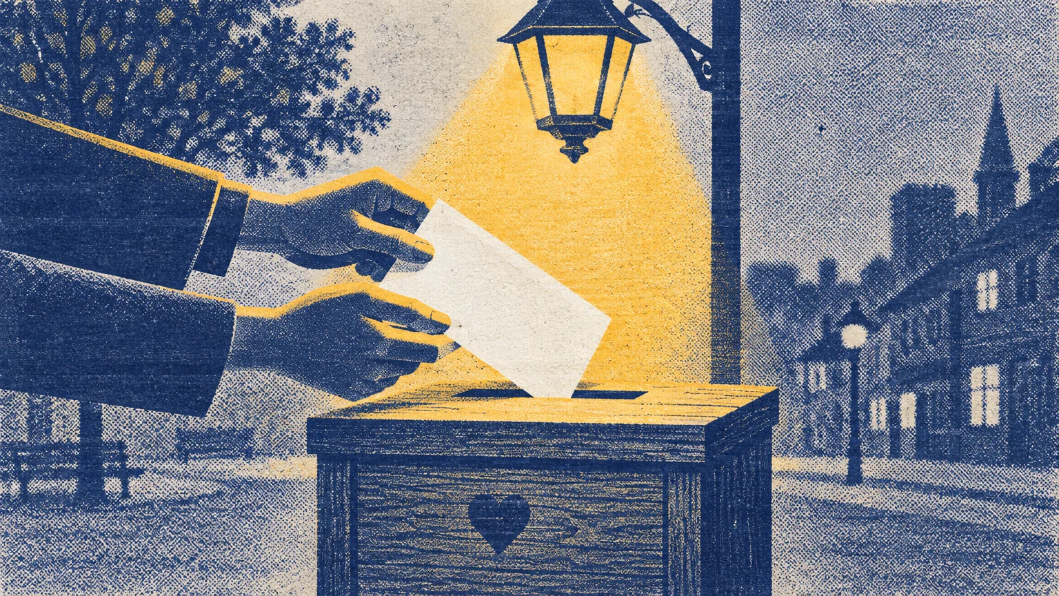 Hands slip an envelope into a wooden donation box marked with a heart beneath a glowing streetlamp at night.