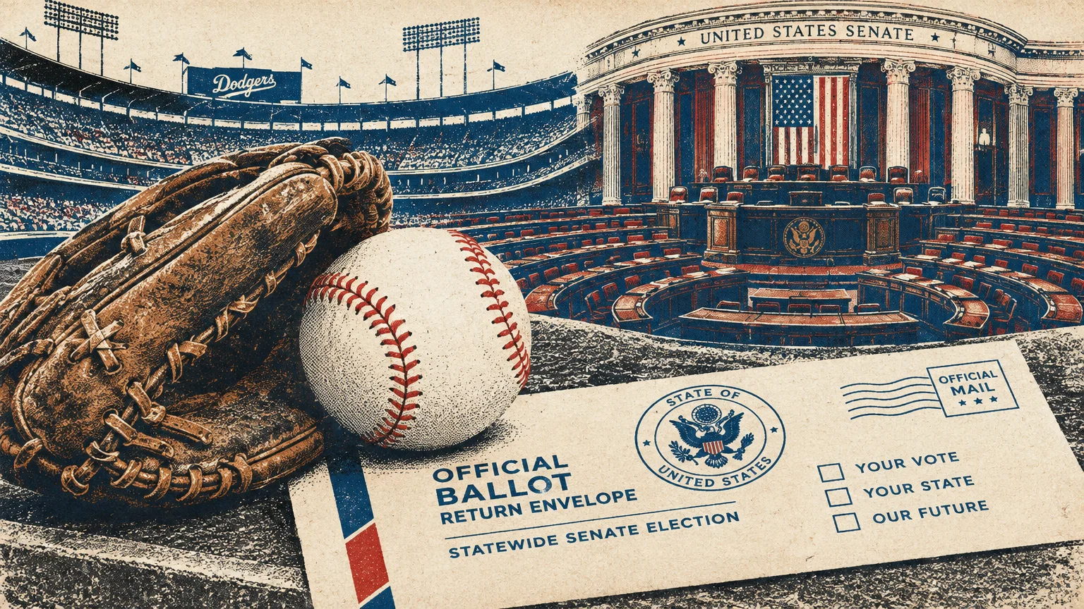 Illustration merging a baseball stadium and the U.S. Senate chamber behind a baseball glove, ball, and mail-in ballot.
