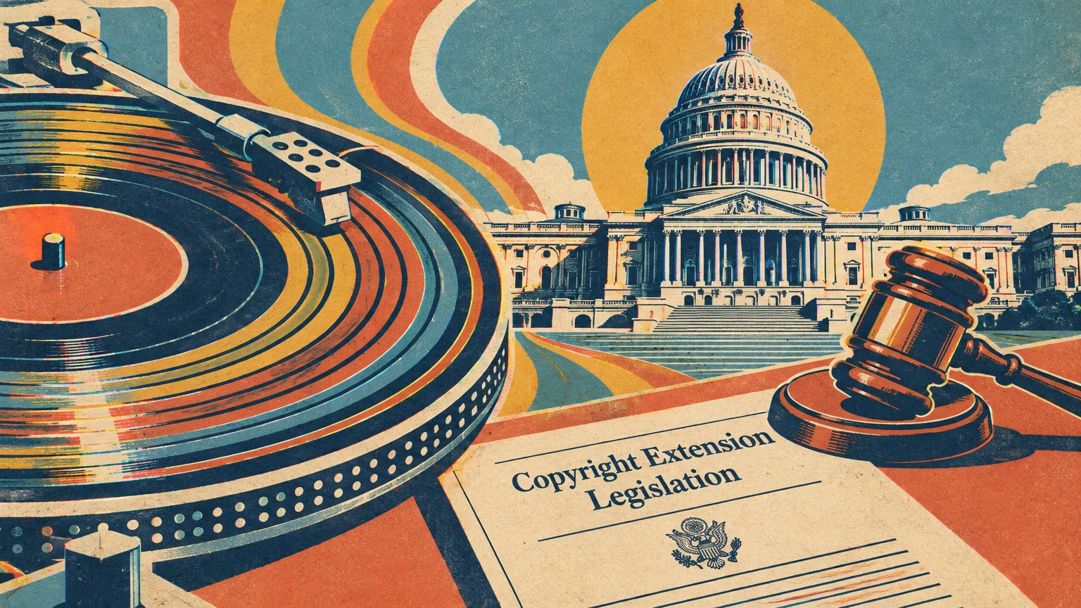 Illustration of a vinyl record turntable, the US Capitol building, a gavel, and a copyright extension document.