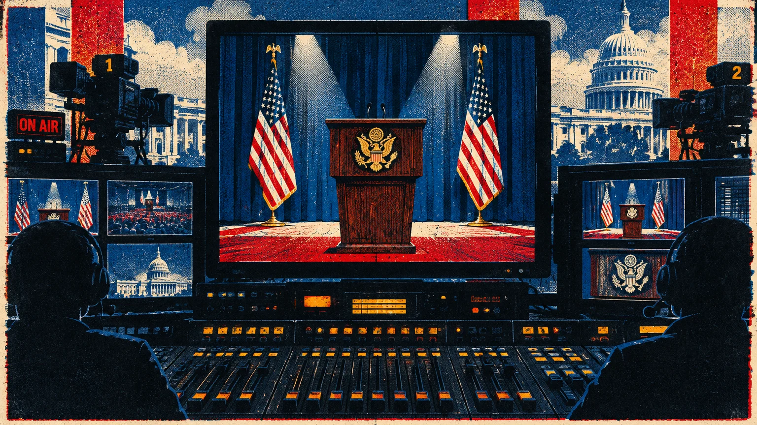 Television broadcast control room with monitors displaying an empty presidential podium between American flags.