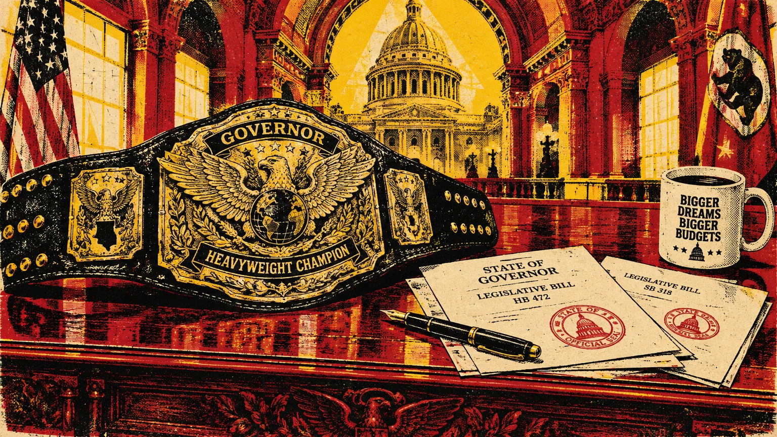 Screenprint illustration of a wrestling championship belt labeled Governor beside legislative bills on an executive desk.
