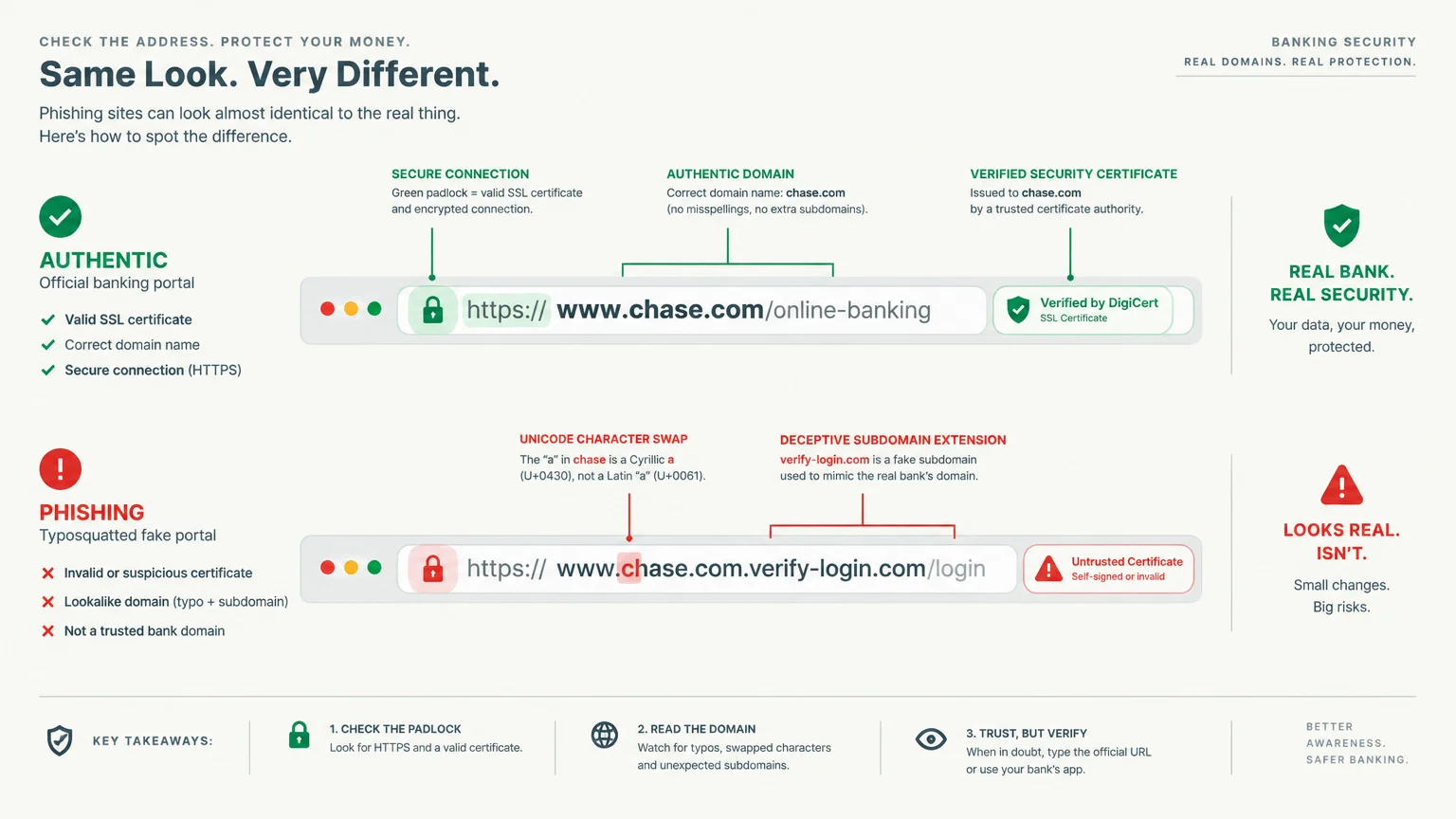 Diagram comparing an authentic bank URL address bar against a deceptive phishing lookalike address bar with annotations.