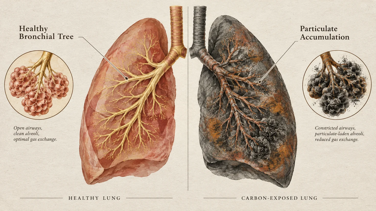 Illustration comparing a healthy pink lung with clean alveoli to a blackened, carbon-exposed lung with particulate buildup.