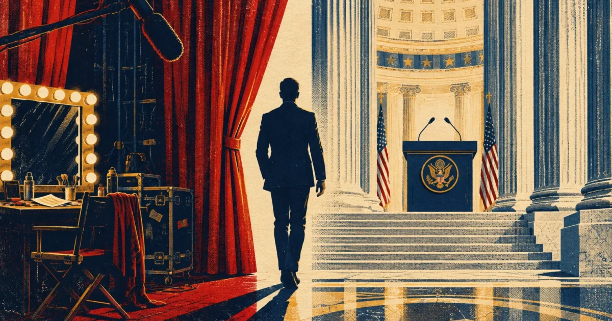 Illustration of a suited man walking from a backstage dressing room toward a presidential podium between grand columns.