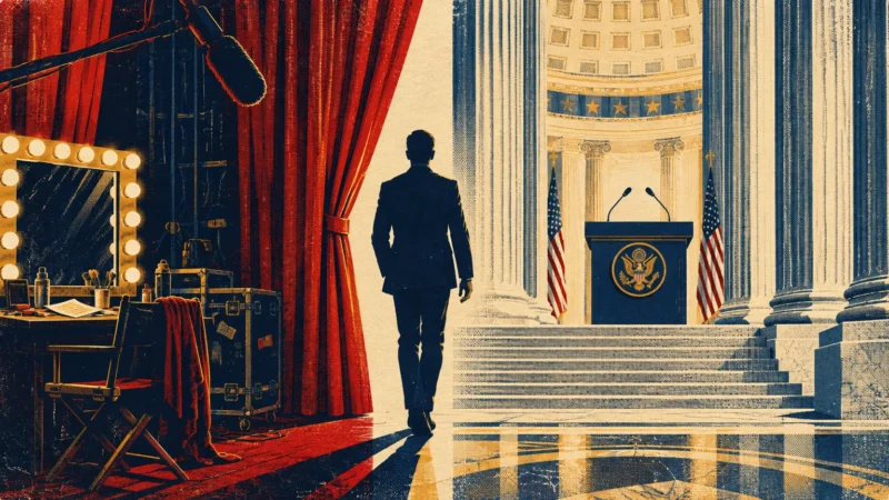 Illustration of a suited man walking from a backstage dressing room toward a presidential podium between grand columns.