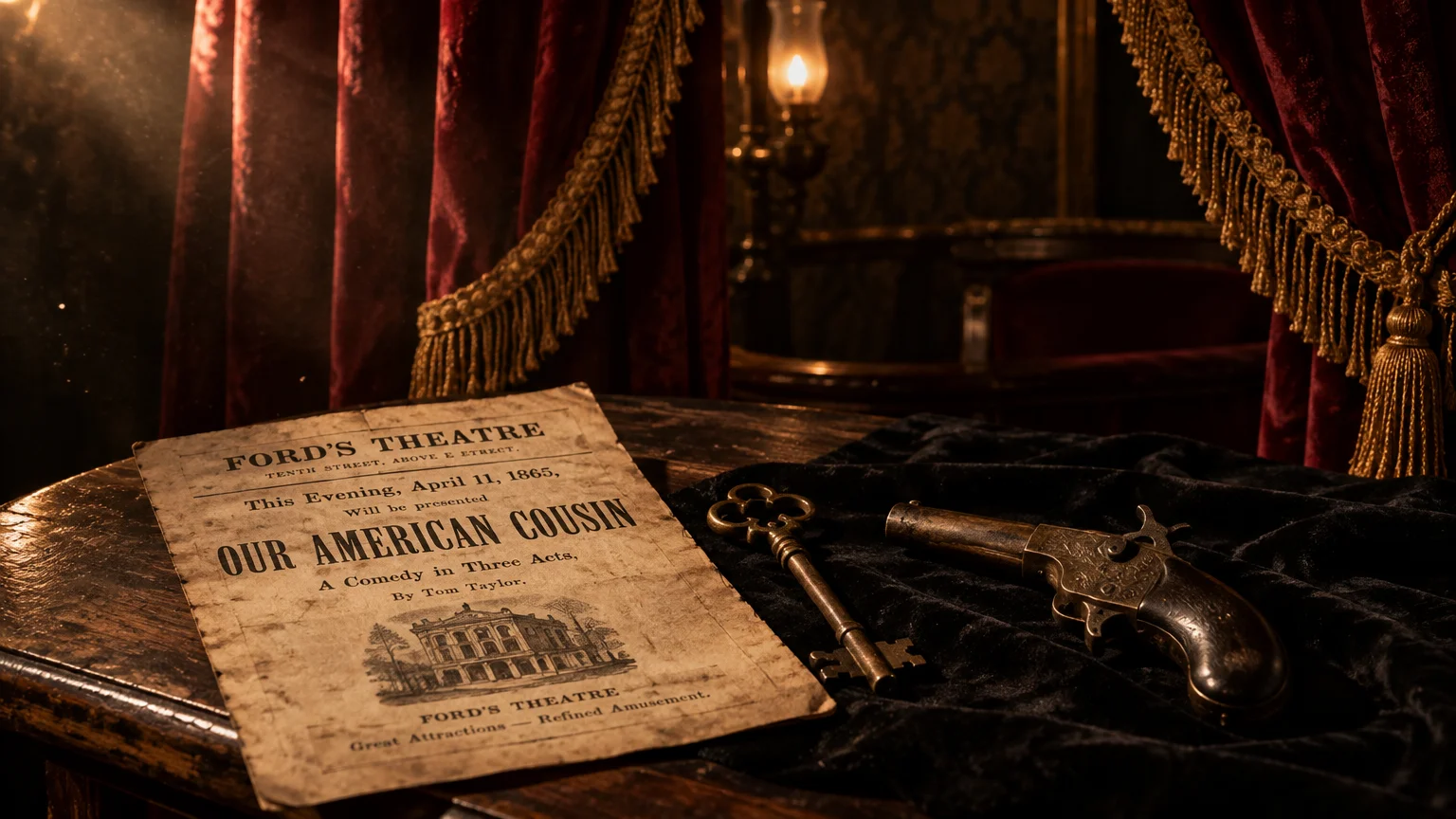 A vintage theatre playbill, brass key, and antique pocket pistol sit beneath draped red velvet curtains.