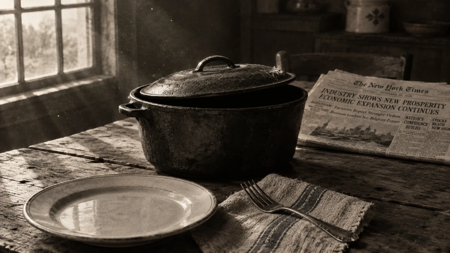 Empty ceramic plate, fork, cast-iron cooking pot, and a vintage newspaper set on a rustic wooden table by a window.