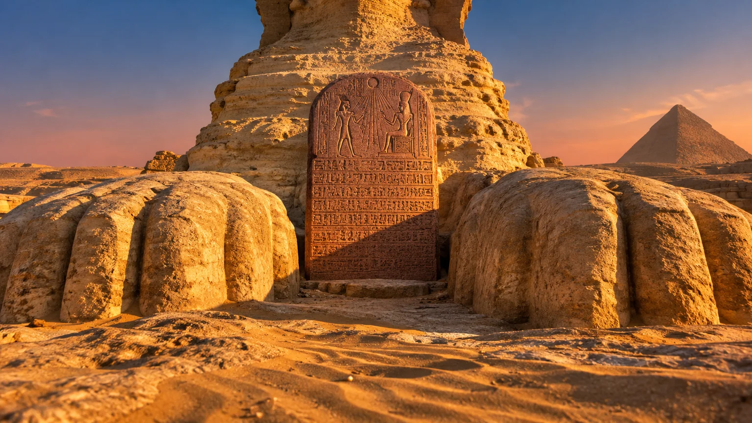 Carved stone slab covered in hieroglyphs sitting between the giant stone paws of the Great Sphinx at sunset.