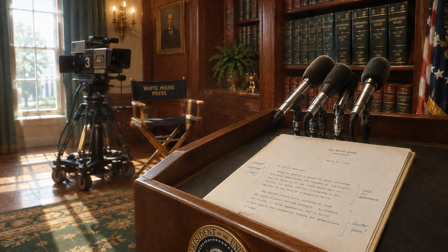 Presidential podium with microphones, speech notes, a director's chair reading White House Press, and a television camera.