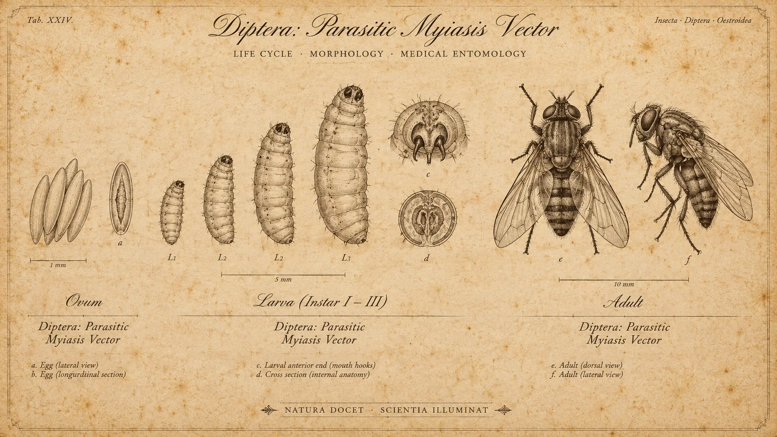 Vintage medical entomology diagram illustrating the life cycle of a diptera fly vector, showing eggs, larvae, and adults.