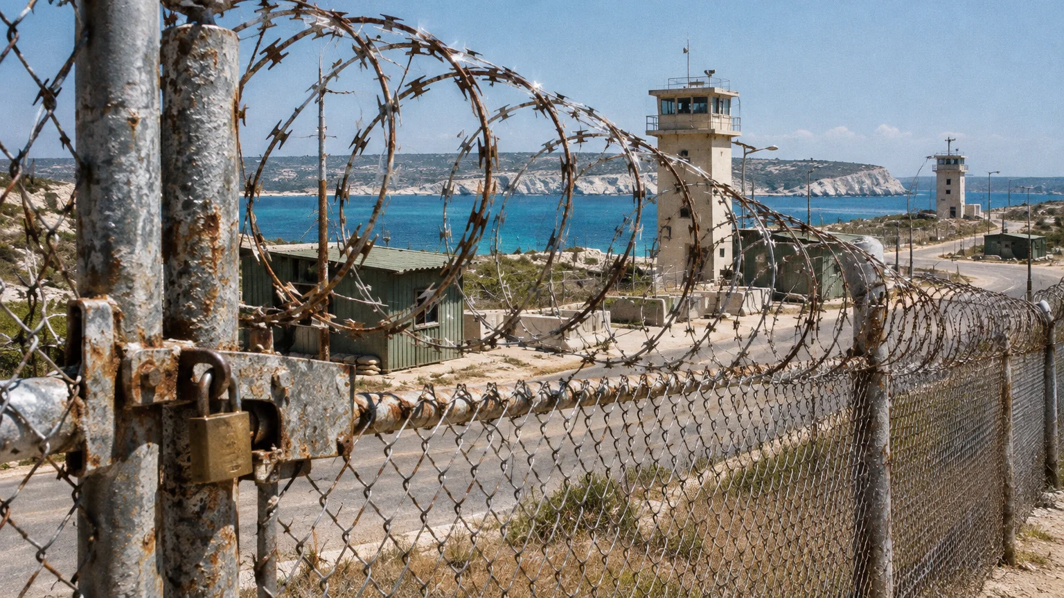 Padlocked chain-link fence topped with razor wire overlooks guard towers and small buildings along a sunny coastline.