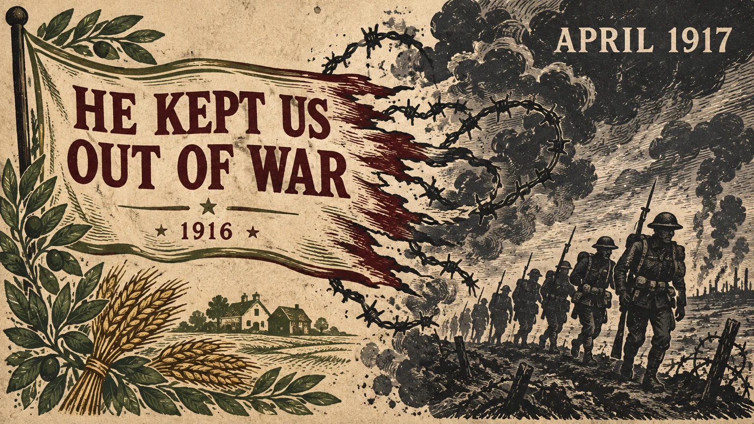 Split illustration showing a 1916 peace banner tearing into barbed wire, smoke, and marching World War I soldiers.