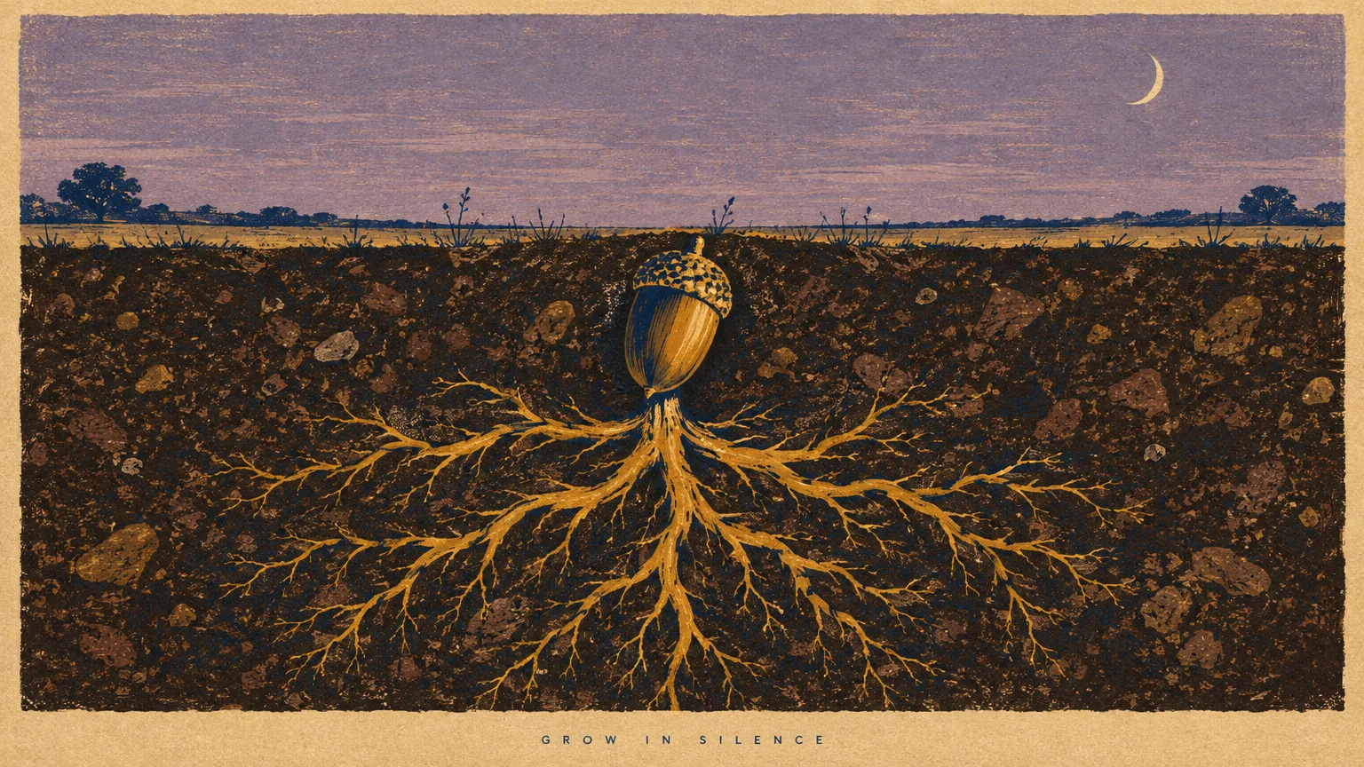 Cross-section illustration of an acorn buried in dark soil, sprouting golden roots underground with a crescent moon above.